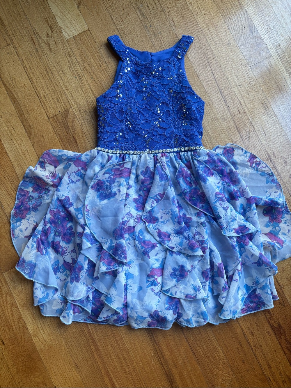 Blue Floral Lace Party Dress for Girls with Sequin Waist
